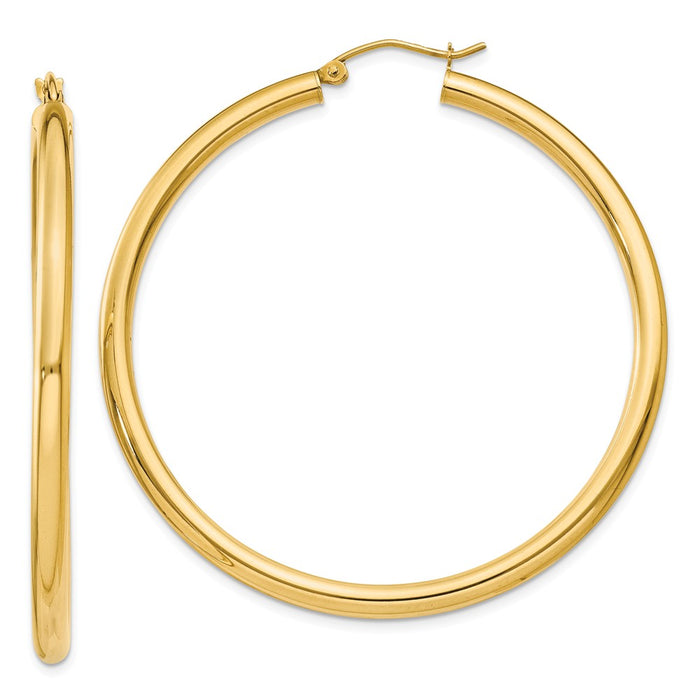 Million Charms 10k Yellow Gold Polished 3mm Tube Hoop Earrings, 45mm x 3mm