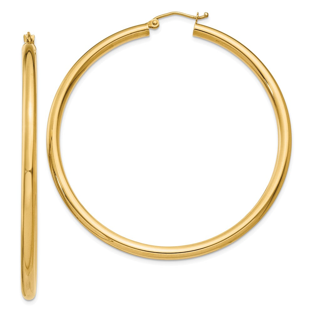 Million Charms 14k Yellow Gold Polished 3mm Lightweight Tube Hoop Earrings, 55mm x 3mm