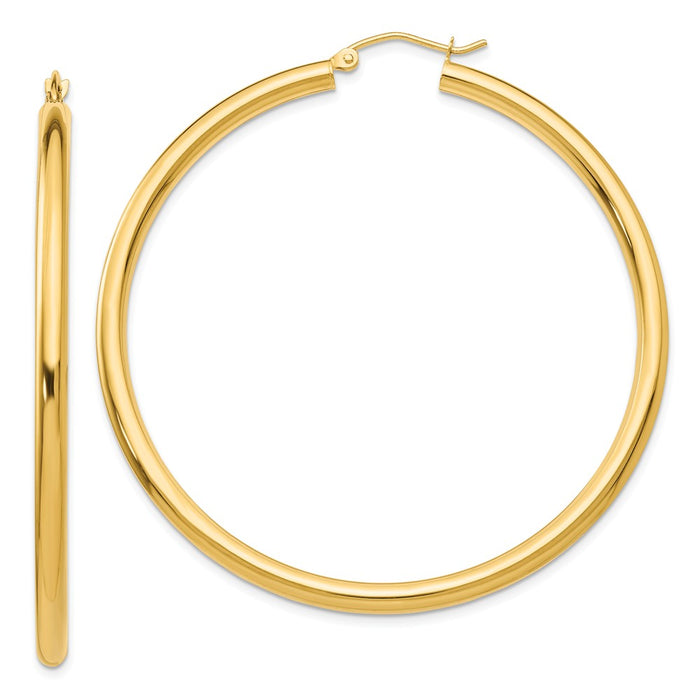 Million Charms 10k Yellow Gold Polished 3mm Tube Hoop Earrings, 50mm x 3mm