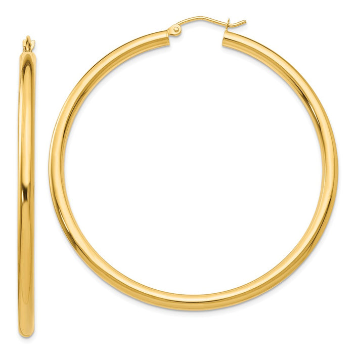 Million Charms 14k Yellow Gold Polished 3mm Tube Hoop Earrings, 55mm x 3mm