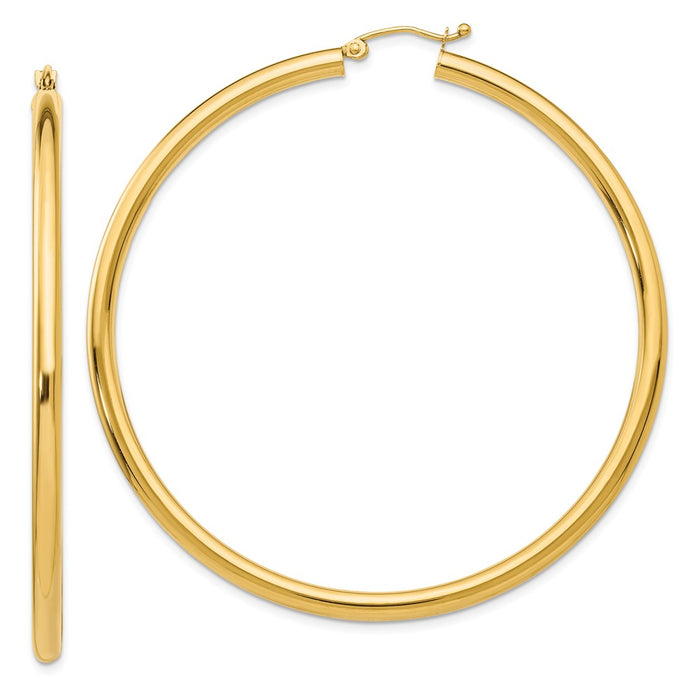 Million Charms 14k Yellow Gold Polished 3mm Lightweight Tube Hoop Earrings, 60mm x 3mm