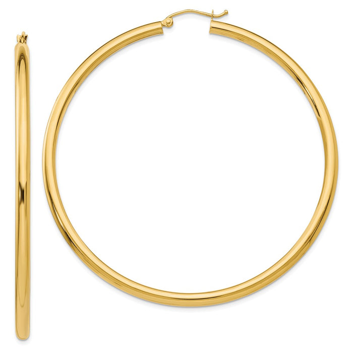 Million Charms 14k Yellow Gold Polished 3mm Lightweight Tube Hoop Earrings, 65mm x 3mm