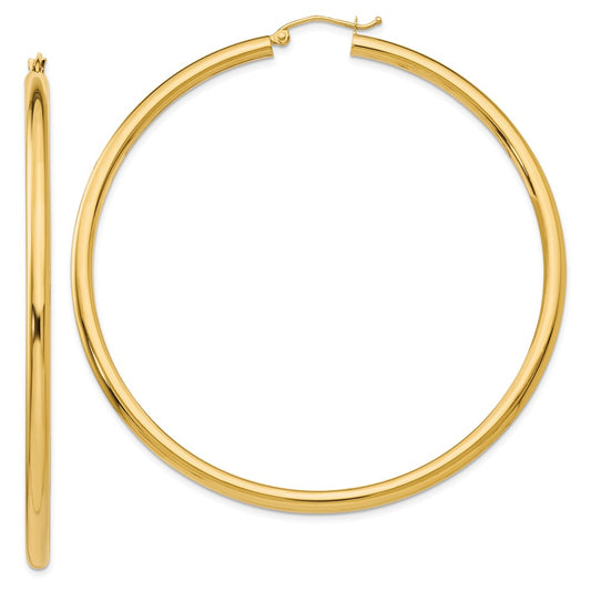 Million Charms 14k Yellow Gold Polished 3mm Tube Hoop Earrings, 65mm x 3mm