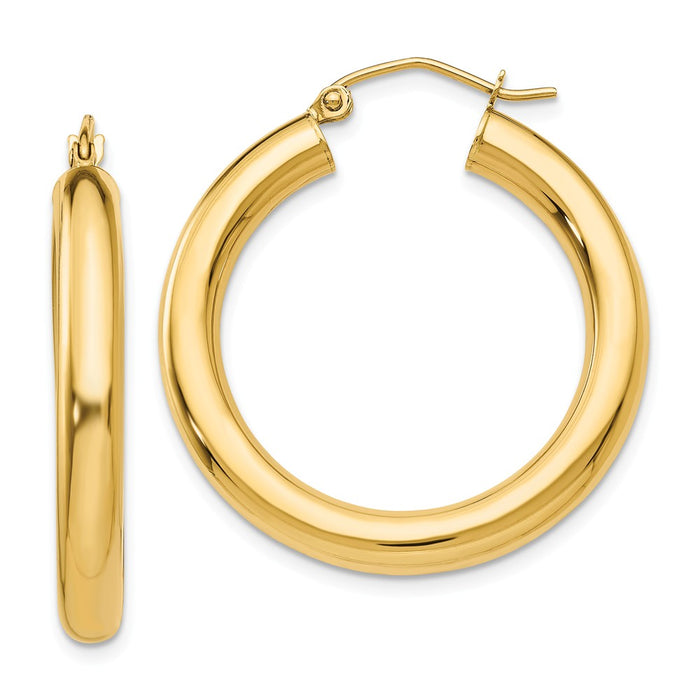 Million Charms 14k Yellow Gold Polished 4mm Lightweight Tube Hoop Earrings, 30mm x 4mm