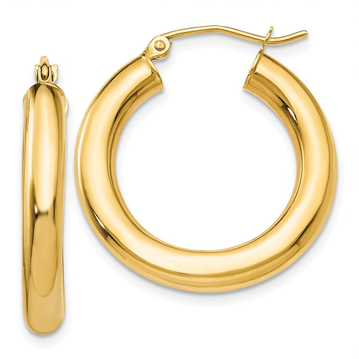 Million Charms 14k Yellow Gold Polished 4mm Lightweight Tube Hoop Earrings, 25mm x 4mm