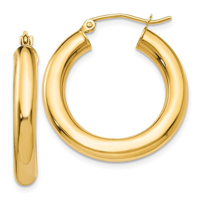Million Charms 14k Yellow Gold Polished 4mm Tube Hoop Earrings, 25mm x 4mm
