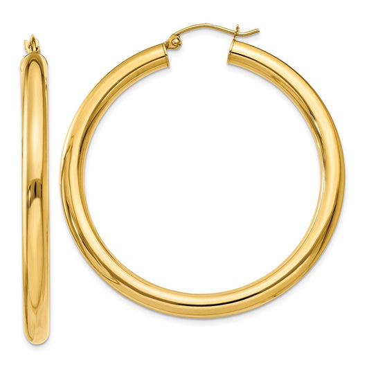 Million Charms 14k Yellow Gold Polished 4mm Lightweight Tube Hoop Earrings, 45mm x 4mm