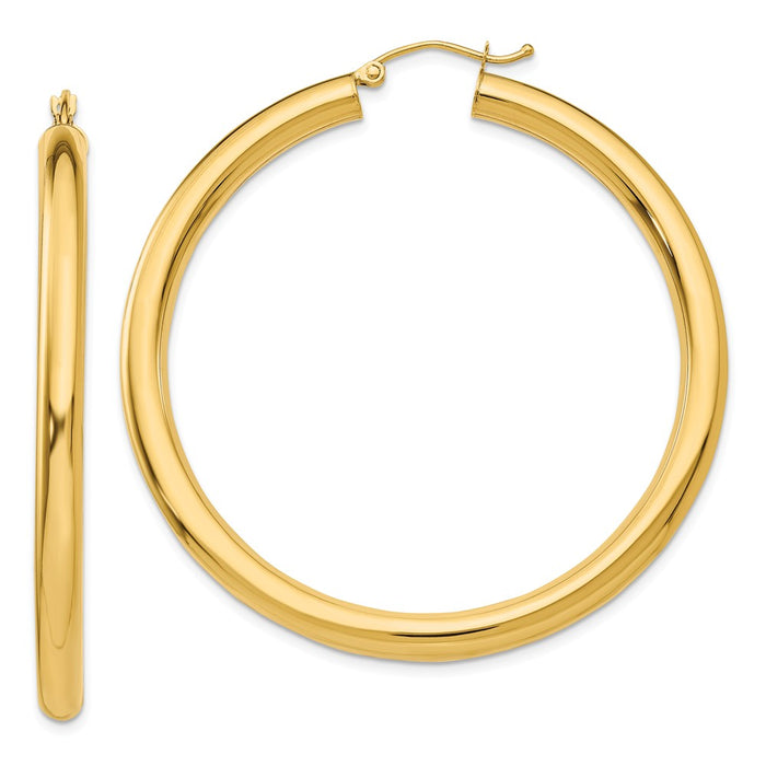 Million Charms 14k Yellow Gold Polished 4mm Lightweight Tube Hoop Earrings, 50mm x 4mm