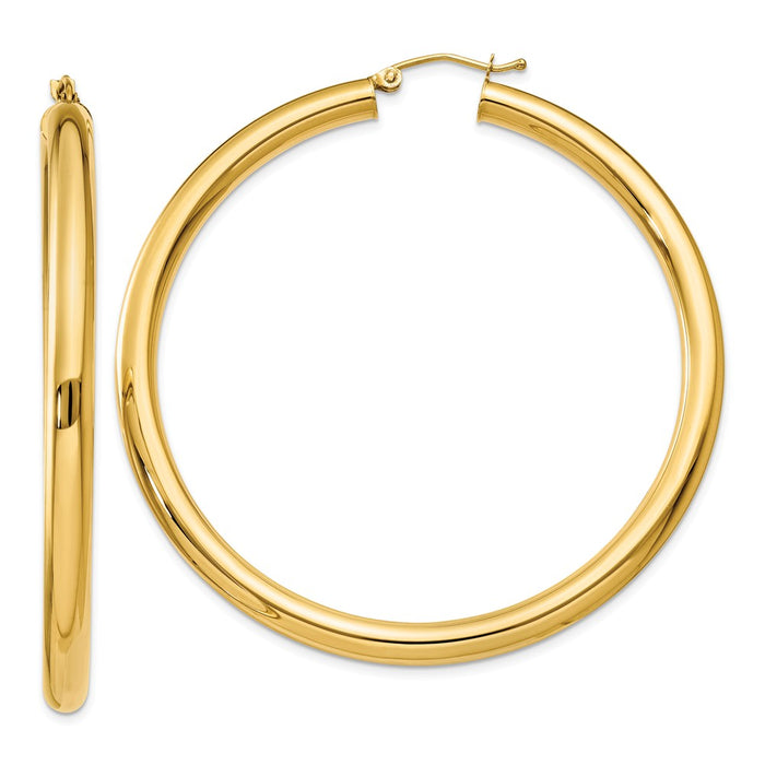 Million Charms 10k Yellow Gold Polished 4mm Tube Hoop Earrings, 46mm x 4mm