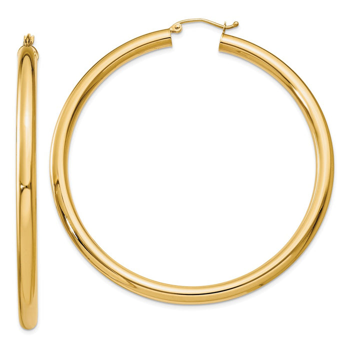 Million Charms 10k Yellow Gold Polished 4mm Tube Hoop Earrings, 50mm x 4mm