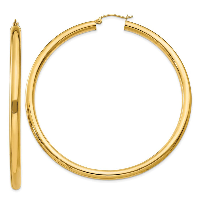 Million Charms 14k Yellow Gold Polished 4mm Tube Hoop Earrings, 65mm x 4mm