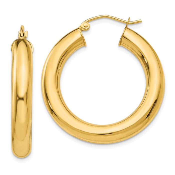 Million Charms 14k Yellow Gold Polished 5mm Tube Hoop Earrings, 30mm x 5mm