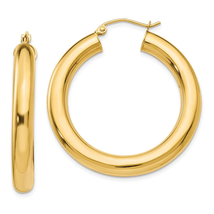 Million Charms 14k Yellow Gold Polished 5mm Tube Hoop Earrings, 35mm x 5mm