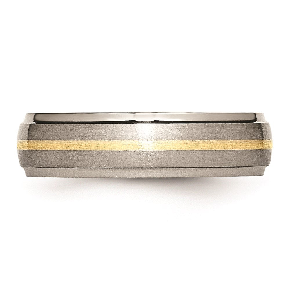 Unisex Fashion Jewelry, Chisel Brand Titanium Ridged Edge 14k Yellow Inlay 6mm Brushed/Polished Ring Band