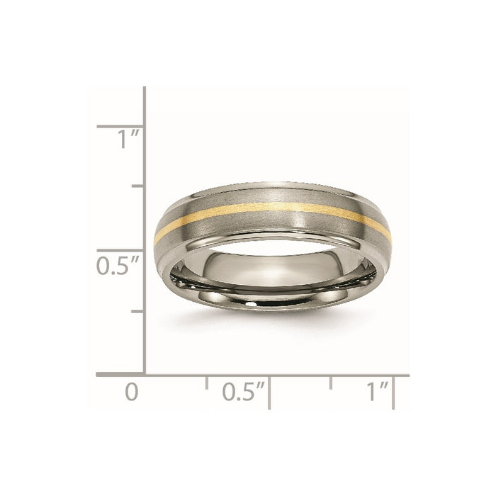 Unisex Fashion Jewelry, Chisel Brand Titanium Ridged Edge 14k Yellow Inlay 6mm Brushed/Polished Ring Band