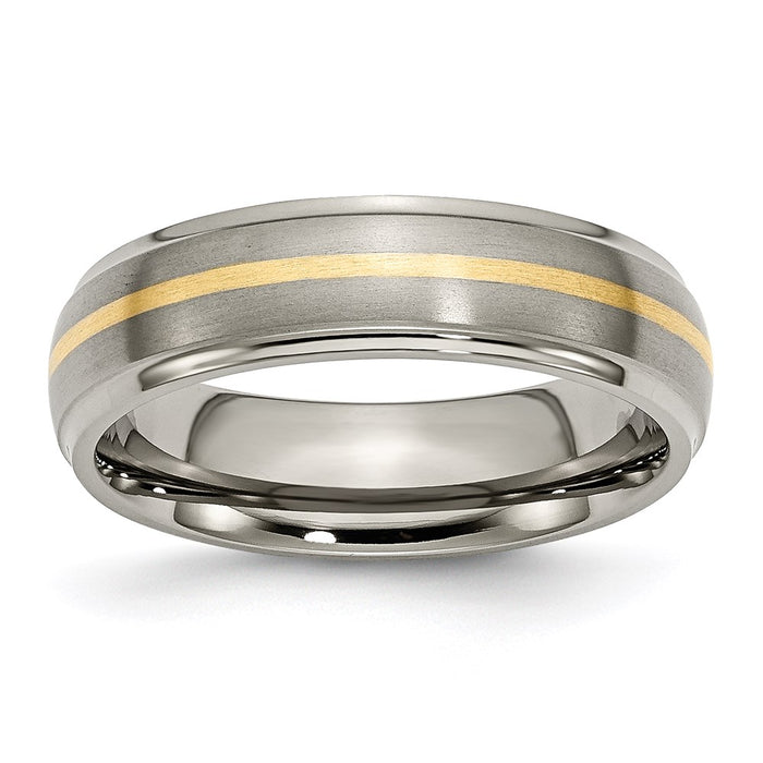 Unisex Fashion Jewelry, Chisel Brand Titanium Ridged Edge 14k Yellow Inlay 6mm Brushed/Polished Ring Band