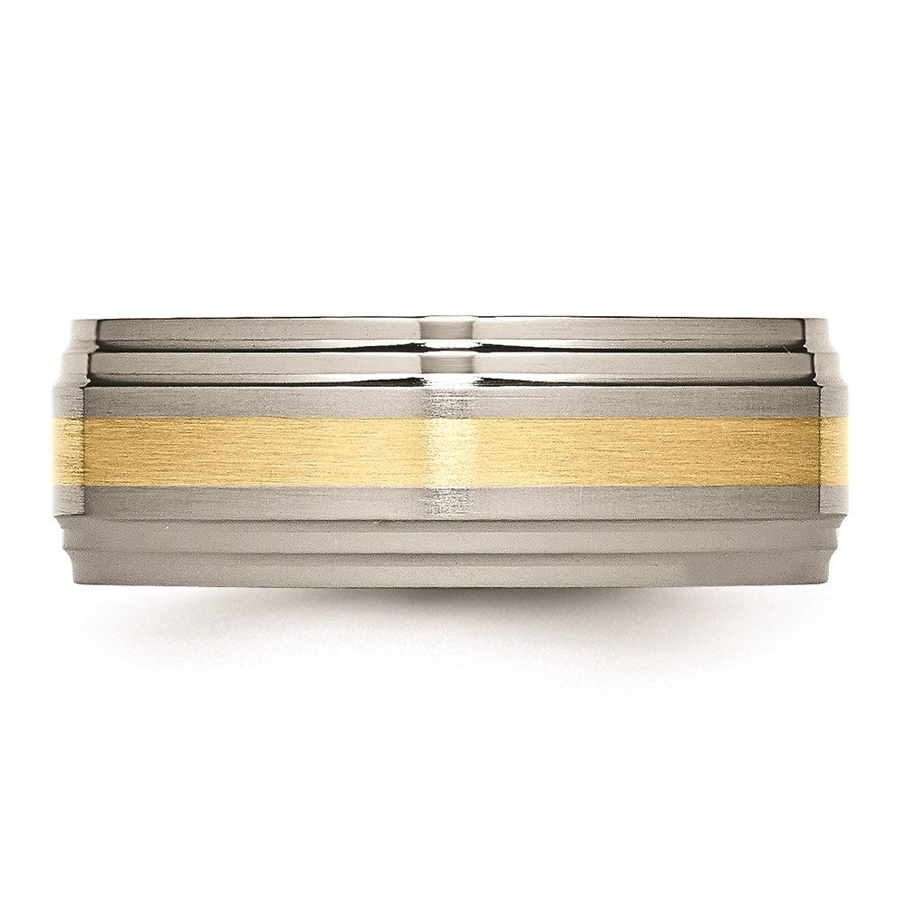 Unisex Fashion Jewelry, Chisel Brand Titanium Ridged Edge 14k Yellow Inlay 8mm Brushed/Polished Ring Band