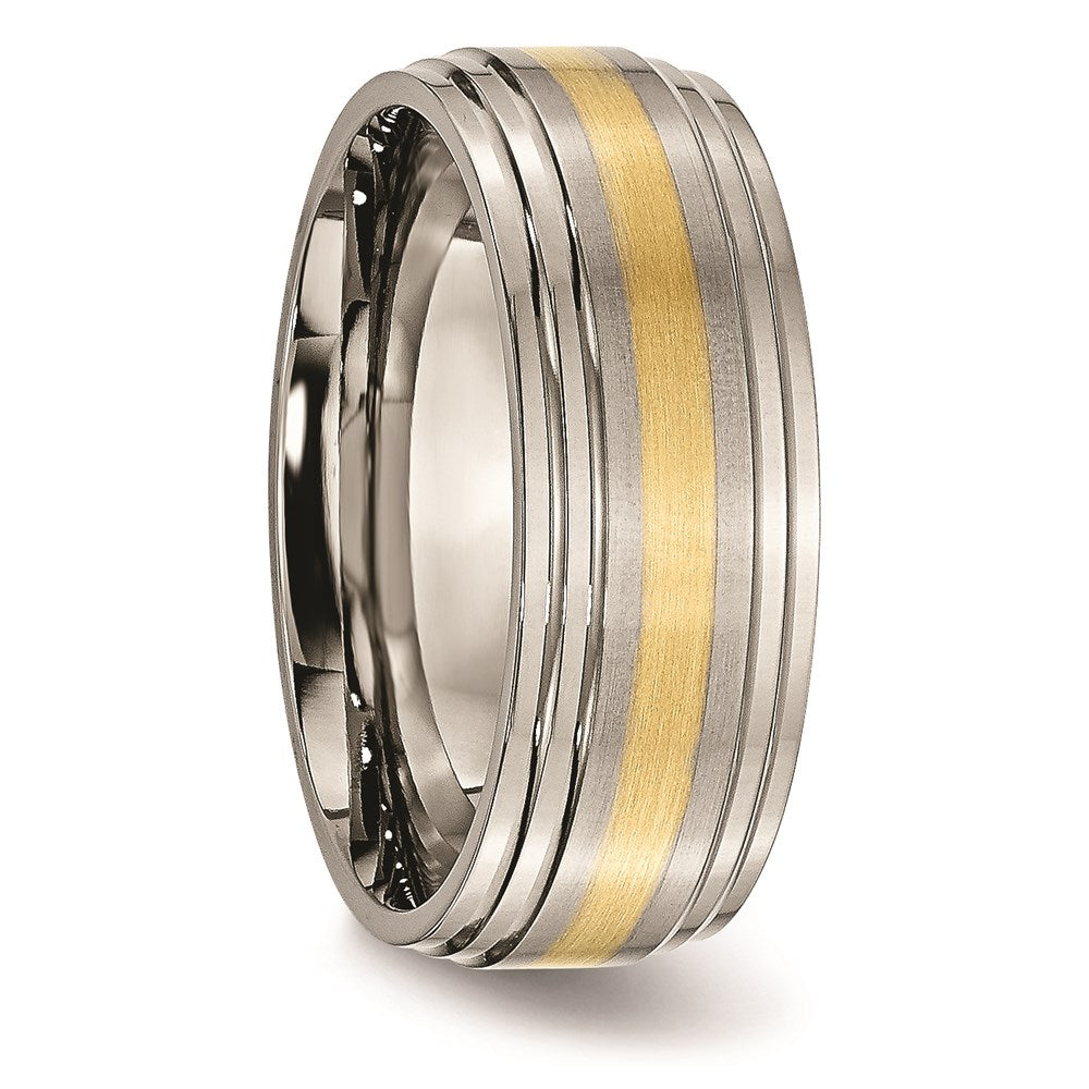 Unisex Fashion Jewelry, Chisel Brand Titanium Ridged Edge 14k Yellow Inlay 8mm Brushed/Polished Ring Band