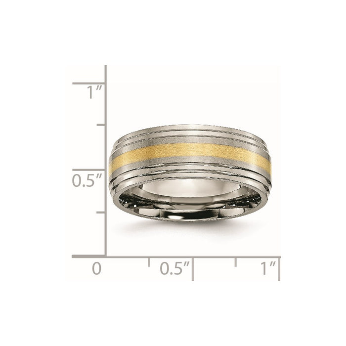 Unisex Fashion Jewelry, Chisel Brand Titanium Ridged Edge 14k Yellow Inlay 8mm Brushed/Polished Ring Band