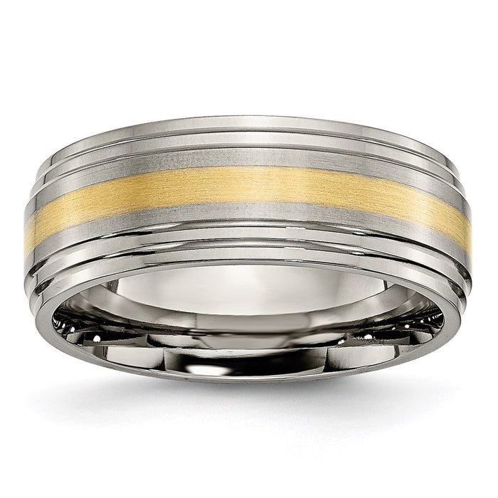 Unisex Fashion Jewelry, Chisel Brand Titanium Ridged Edge 14k Yellow Inlay 8mm Brushed/Polished Ring Band