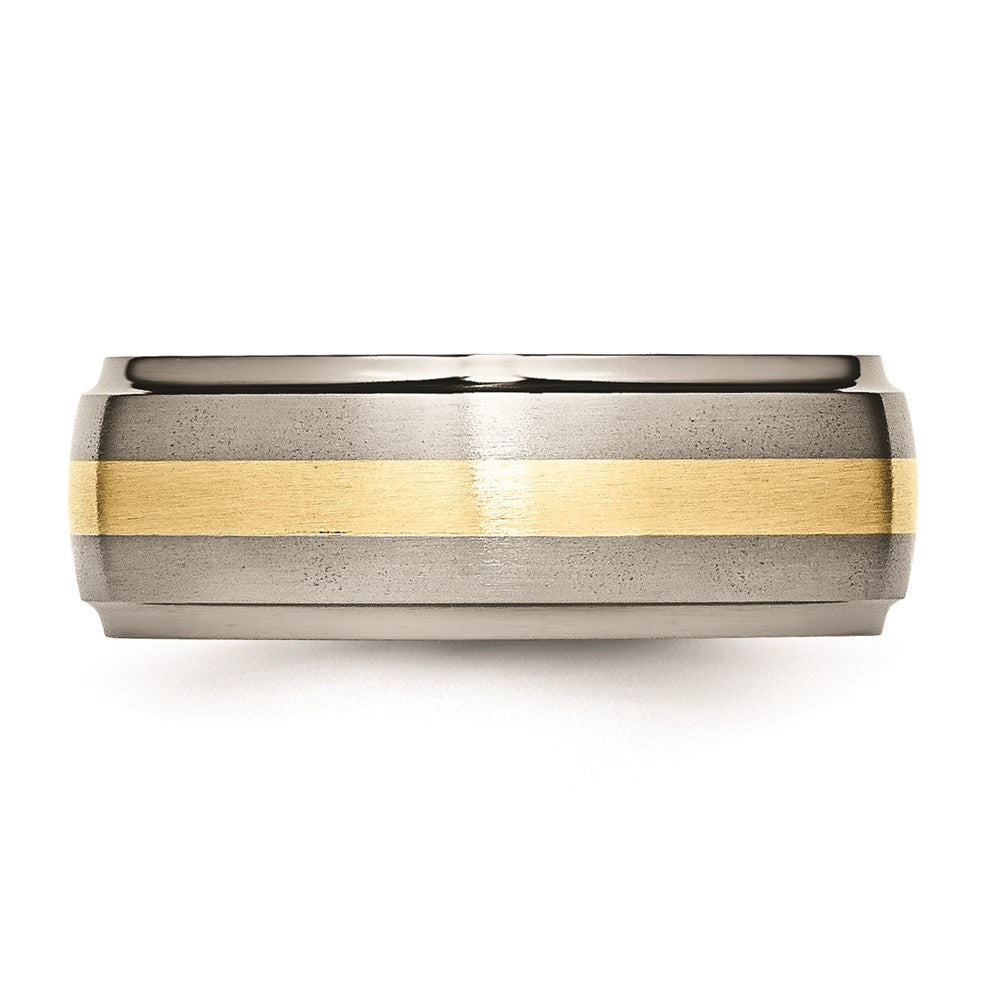 Unisex Fashion Jewelry, Chisel Brand Titanium Ridged Edge 14k Yellow Inlay 8mm Brushed/Polished Ring Band