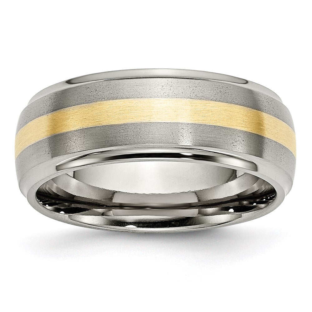 Unisex Fashion Jewelry, Chisel Brand Titanium Ridged Edge 14k Yellow Inlay 8mm Brushed/Polished Ring Band