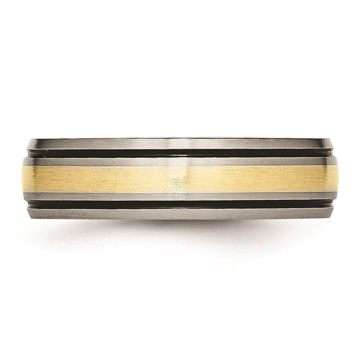 Men's Fashion Jewelry, Chisel Brand Titanium Grooved 14k Yellow Inlay 6mm Brushed and Antiqued Ring Band