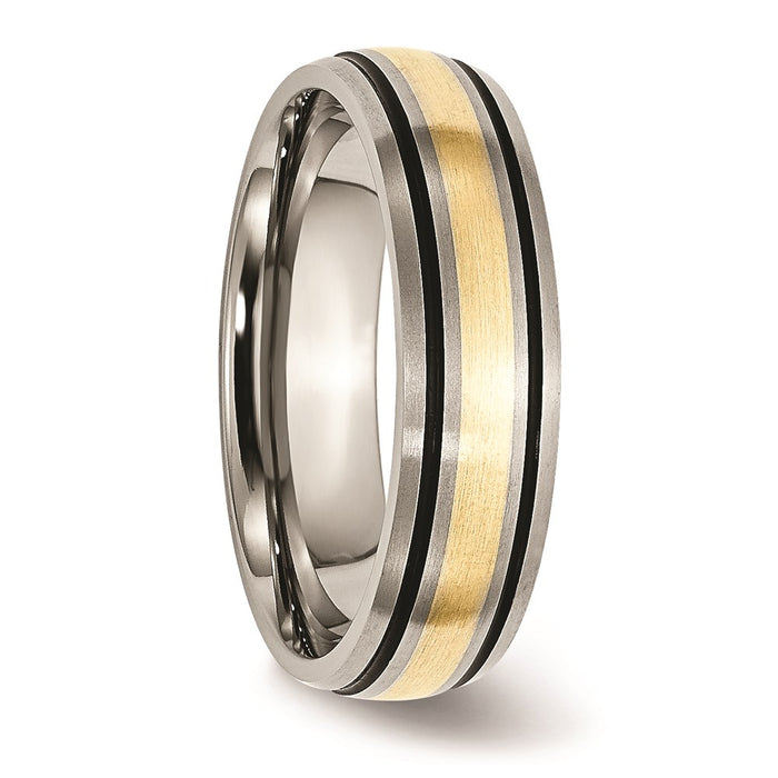 Men's Fashion Jewelry, Chisel Brand Titanium Grooved 14k Yellow Inlay 6mm Brushed and Antiqued Ring Band