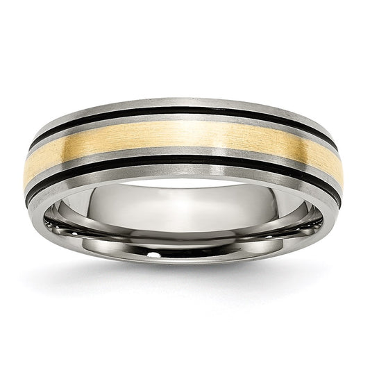 Men's Fashion Jewelry, Chisel Brand Titanium Grooved 14k Yellow Inlay 6mm Brushed and Antiqued Ring Band
