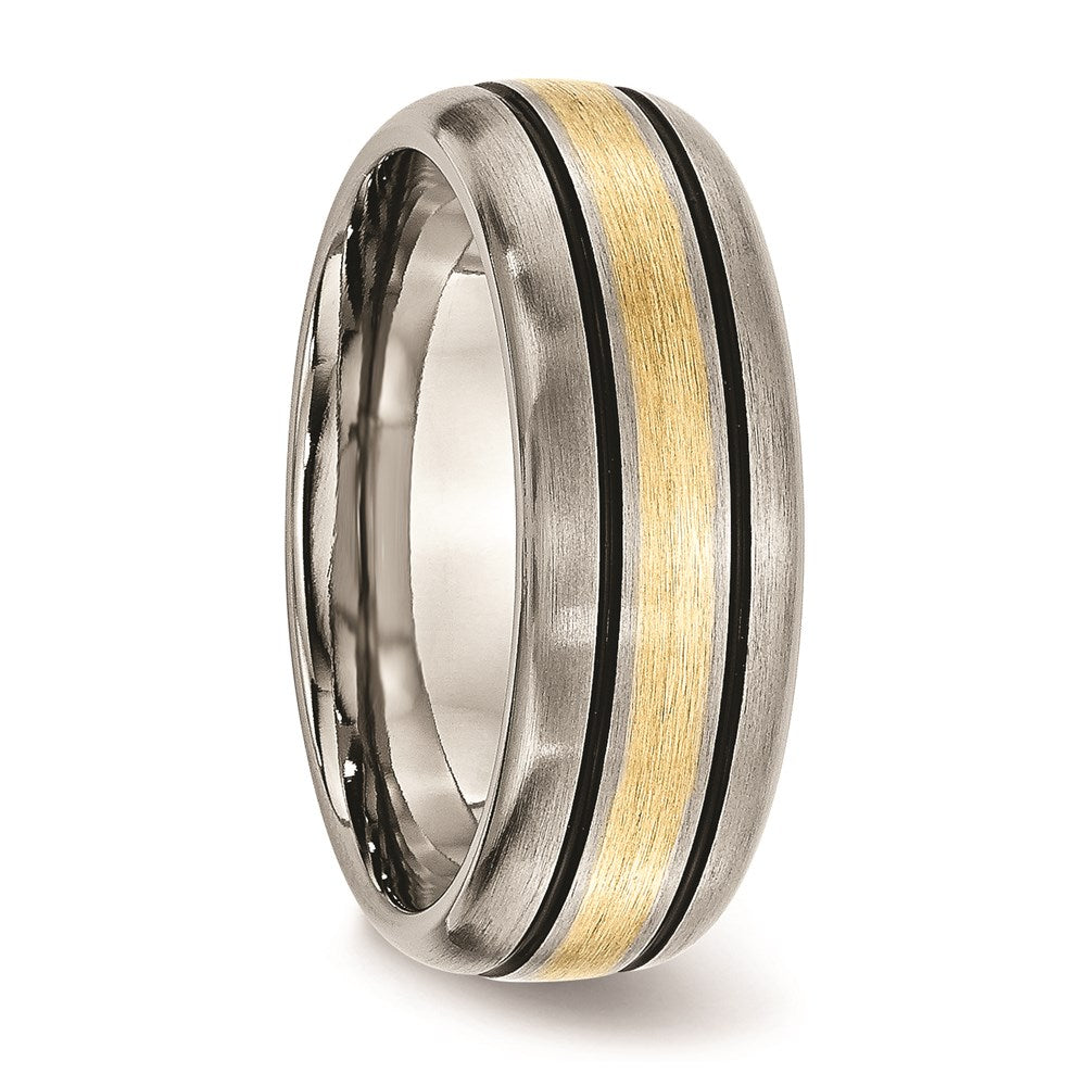 Unisex Fashion Jewelry, Chisel Brand Titanium Grooved 14k Yellow Inlay 8mm Brushed and Antiqued Ring Band
