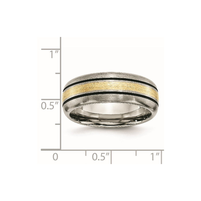 Unisex Fashion Jewelry, Chisel Brand Titanium Grooved 14k Yellow Inlay 8mm Brushed and Antiqued Ring Band