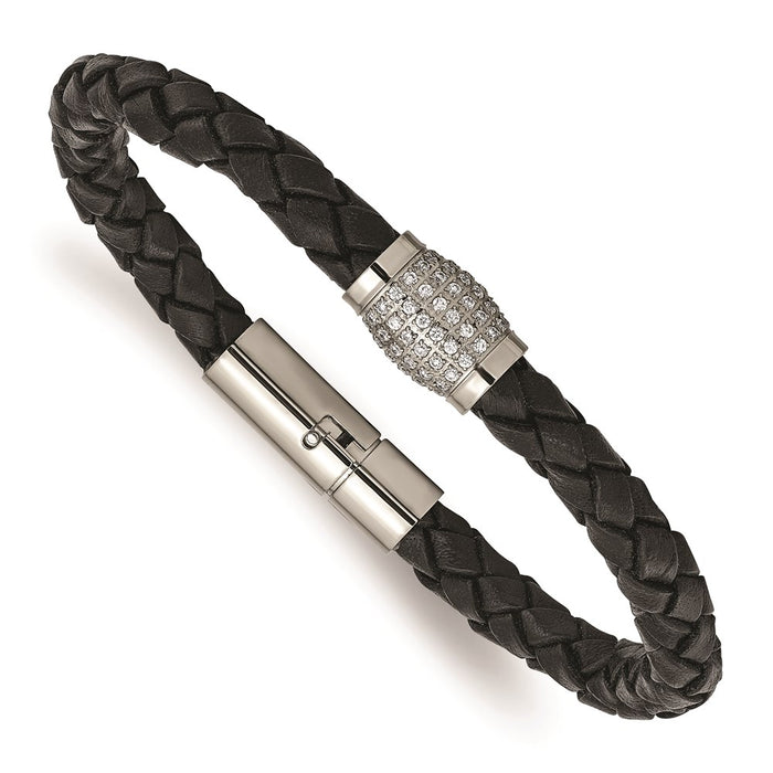 Chisel Brand Jewelry, Titanium Polished CZs Black Leather Bracelet