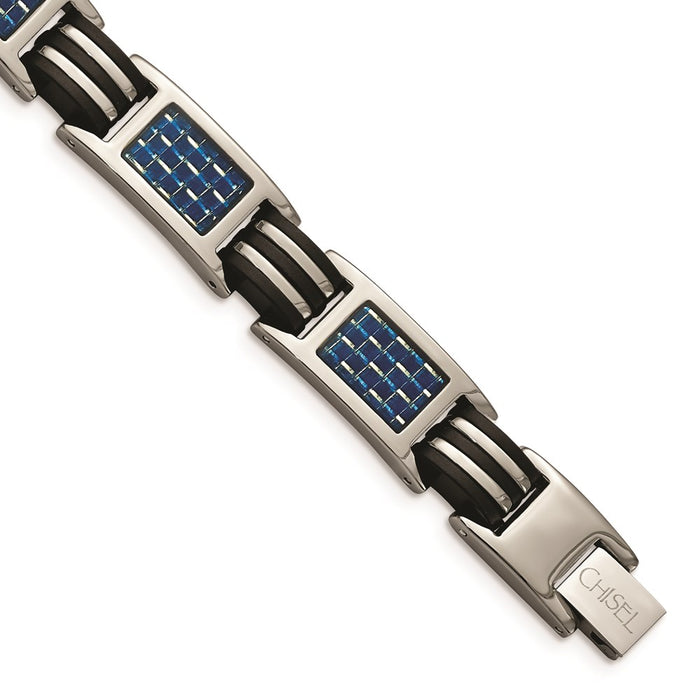 Chisel Brand Jewelry, Titanium Polished with Blue Carbon Fiber Inlay & Rubber Men's Bracelet