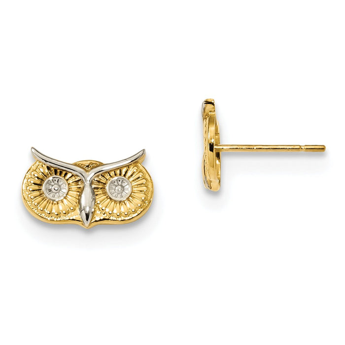 Million Charms 14k & Rhodium Owl Head Post Earrings, 8mm x 13mm