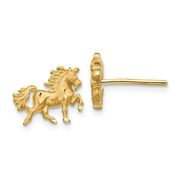 Million Charms 14k Yellow Gold Satin Diamond-cut Unicorn PostEarrings, 8mm x 10mm