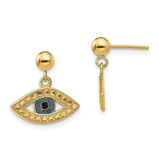 Million Charms 14k Yellow Gold Diamond-cut Enameled Eye Dangle on Ball Post Earrings, 15mm x 15mm