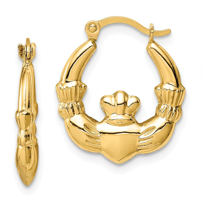 Million Charms 14k Yellow Gold Claddagh Hoop Earrings,