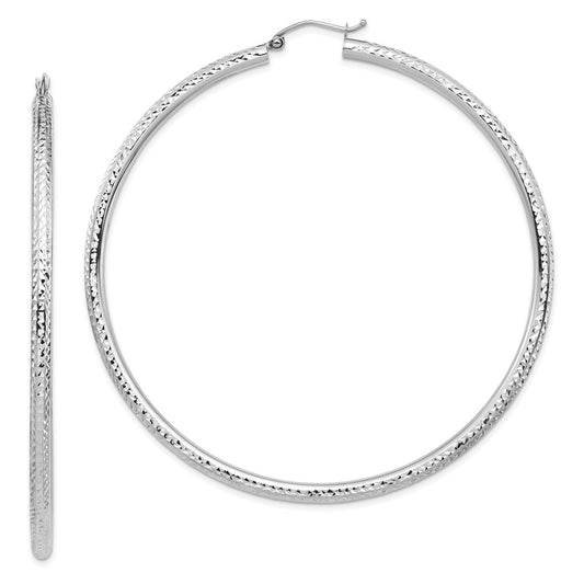 Million Charms 14k White Gold Lightweight 3mm Diamond-cut Hoop Earrings, 72.1mm x 69.15mm