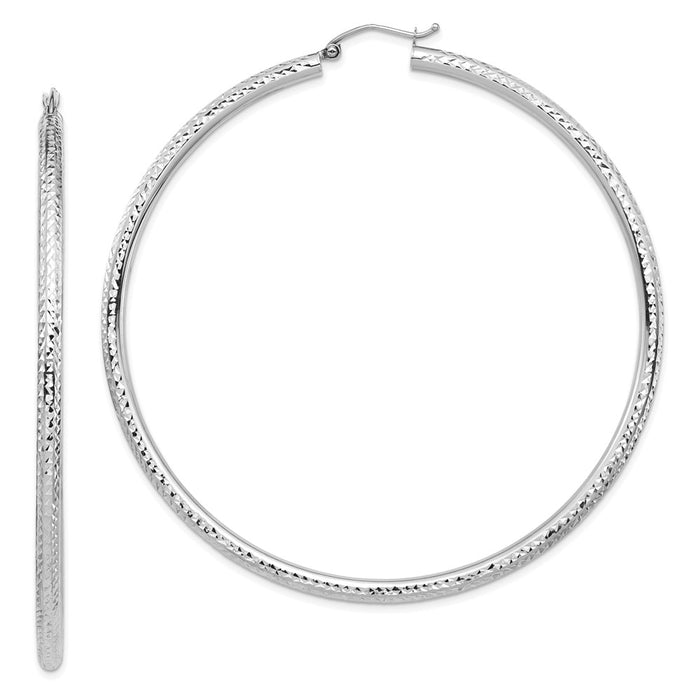 Million Charms 14k White Gold Lightweight 3mm Diamond-cut Hoop Earrings, 72.1mm x 69.15mm