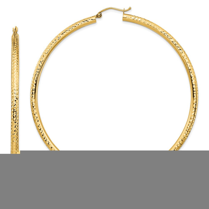 Million Charms 14k Yellow Gold Lightweight 3mm Diamond-cut Hoop Earrings, 71.8mm x 70mm