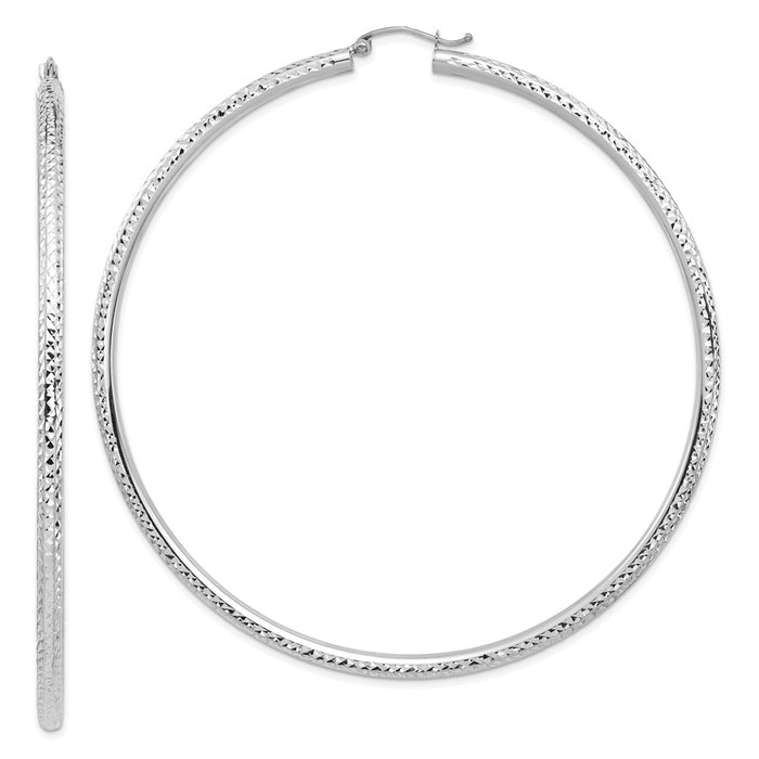 Million Charms 14k White Gold Lightweight 3mm Diamond-cut Hoop Earrings, 82.15mm x 79.52mm