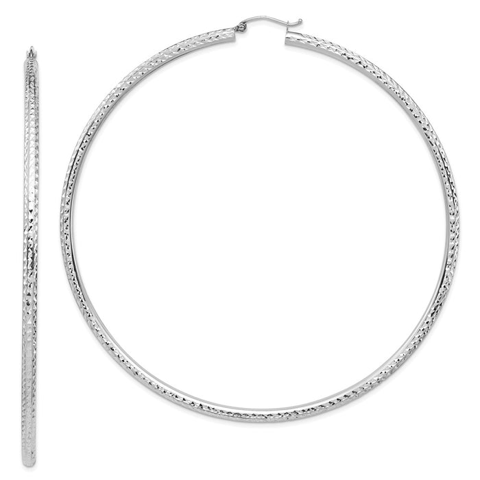 Million Charms 14k White Gold Lightweight 3mm Diamond-cut Hoop Earrings, 92.68mm x 89.88mm