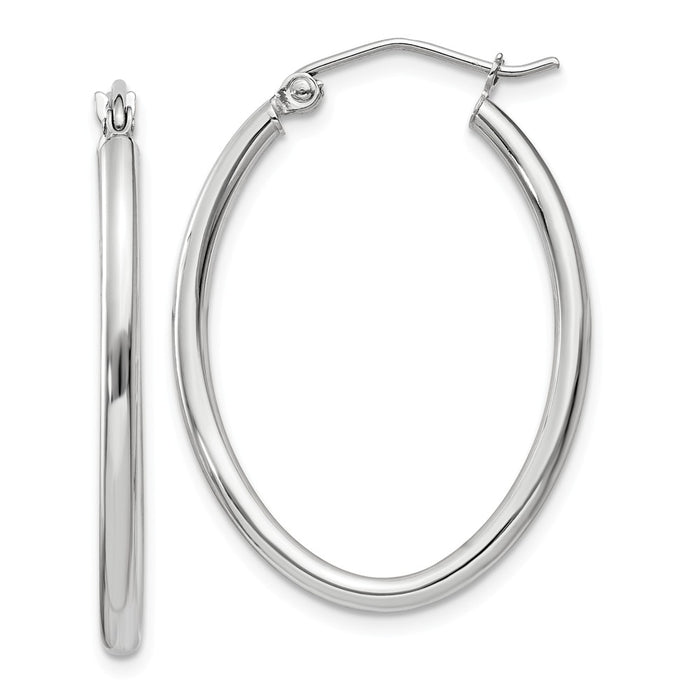 Million Charms 14k White Gold Polished 2mm Oval Tube Hoop Earrings, 30mm x 2mm