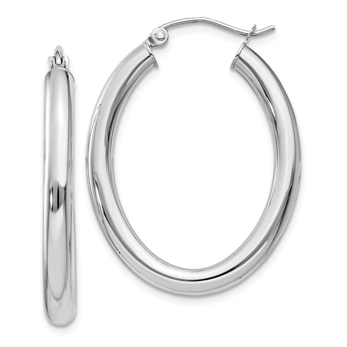 Million Charms 14k White Gold Polished 3.5mm Oval Tube Hoop Earrings, 18mm x 3.5mm