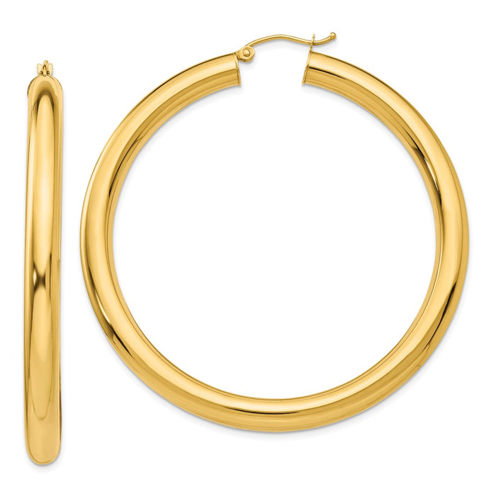 Million Charms 14k Yellow Gold Polished 5mm Tube Hoop Earrings, 55mm x 5mm