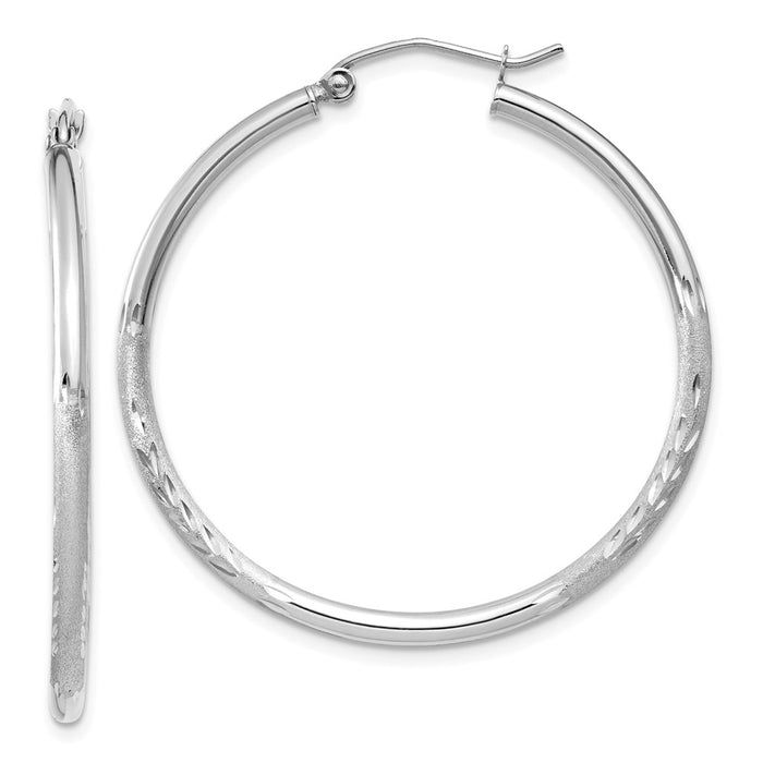 Million Charms 14k White Gold Satin & Diamond-cut 2mm Round Hoop Earrings, 35mm x 2mm