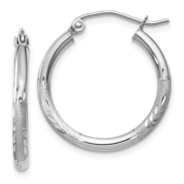 Million Charms 14k White Gold Satin & Diamond-cut 2mm Round Hoop Earrings, 20mm x 2mm