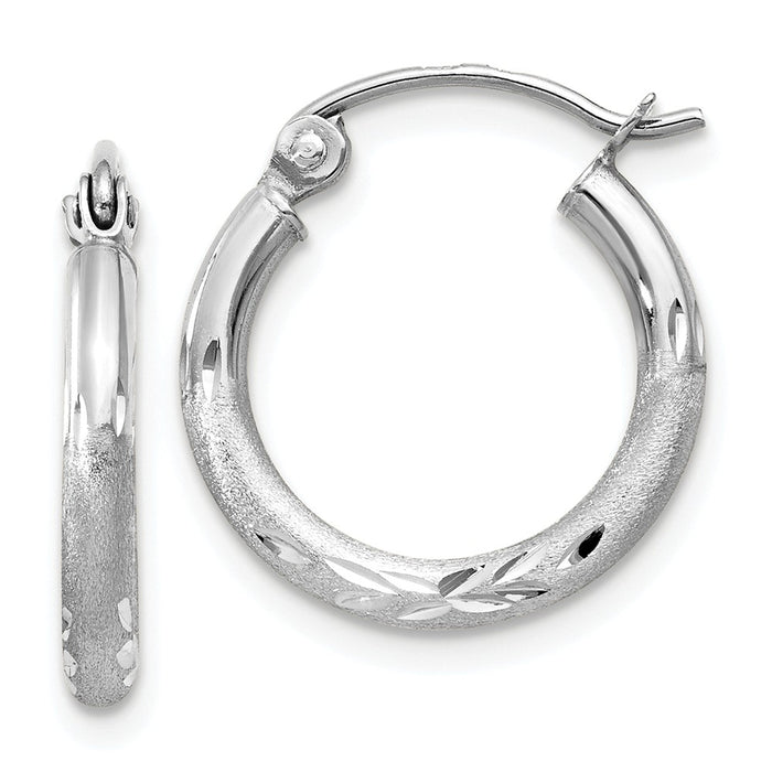 Million Charms 14k White Gold Satin & Diamond-cut 2mm Round Hoop Earrings, 15mm x 2mm