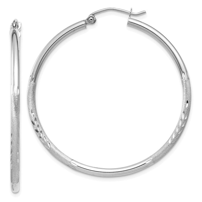 Million Charms 14k White Gold Satin & Diamond-cut 2mm Round Hoop Earrings, 40mm x 2mm