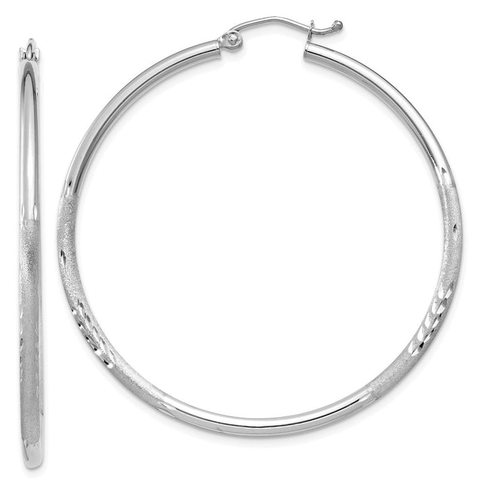 Million Charms 14k White Gold Satin & Diamond-cut 2mm Round Hoop Earrings, 45mm x 2mm